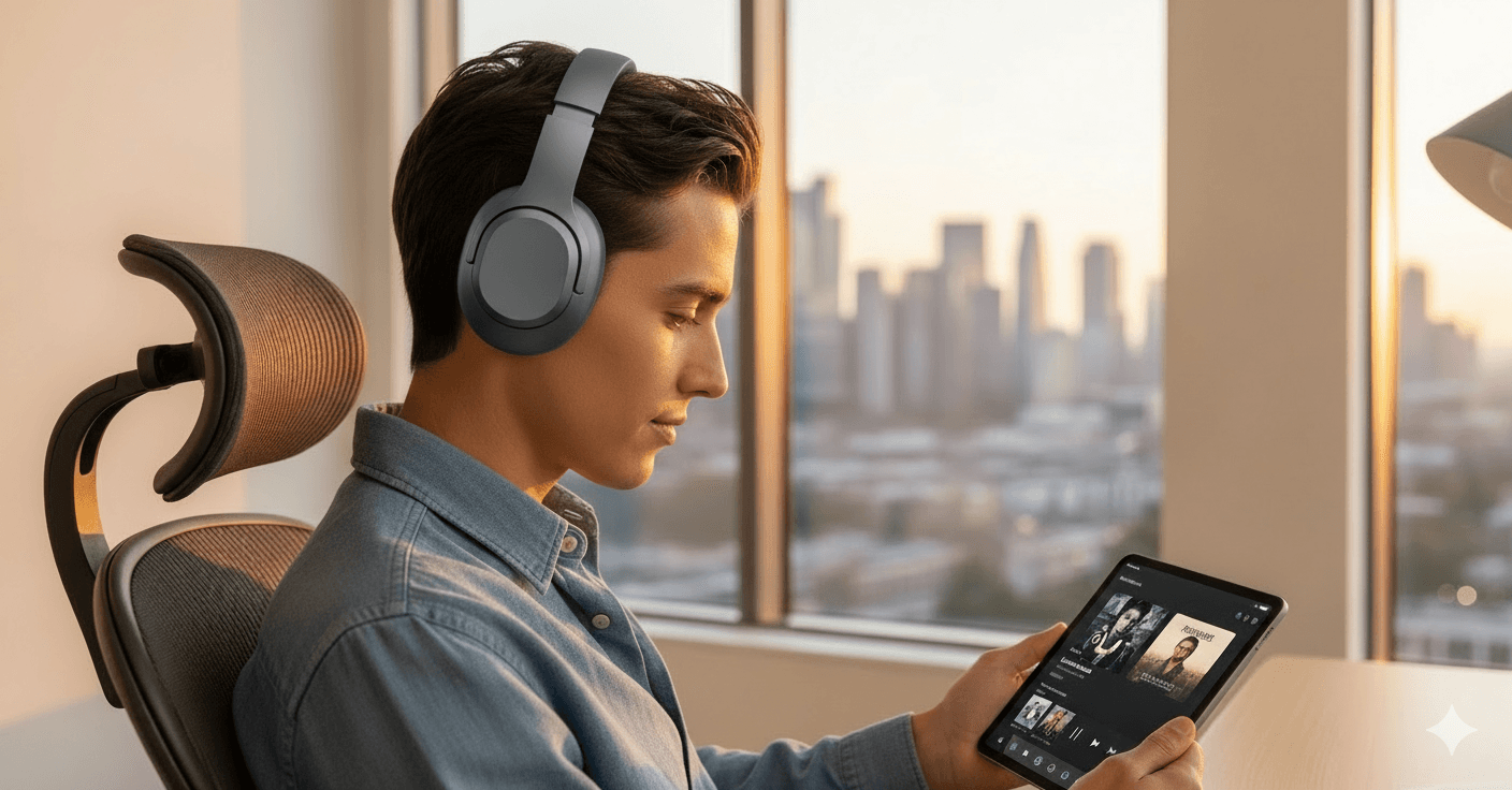 Persona con audífonos escuchando música